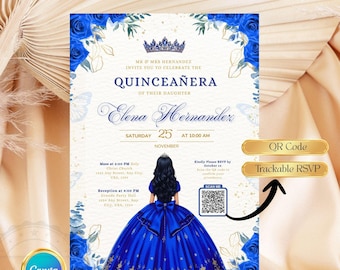 Invitación imprimible para quinceañera de princesa azul real. Plantilla editable. Tamaño 5 x 7 pulgadas. Canva con confirmación de asistencia rastreable.