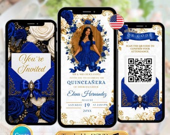 Royal Blue Quinceañera Sweet 16 Video Invitation, Blue Gold Trackable QR Code RSVP, Editable Digital Invite for Sweet 15 16 Birthday English