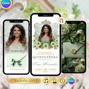 Sage Green Quinceanera Digital Invitation, Editable Template for 15th Birthday, Instant Download Floral Design Sweet 15 Invite RSVP Online