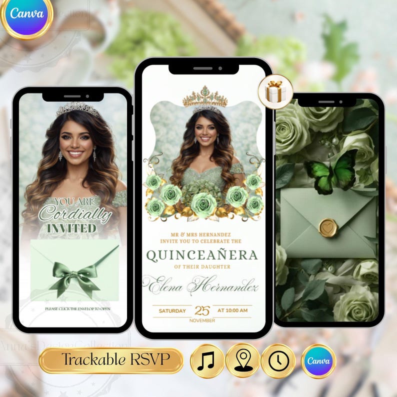 Sage Green Quinceanera Digital Invitation, Editable Template for 15th Birthday, Instant Download Floral Design Sweet 15 Invite RSVP Online