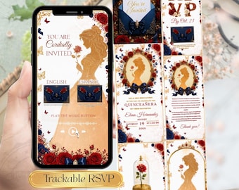 Quinceañera Beauty & The Beast Website Template, Red Navy Blue Gold Roses Sweet 15 Invitation, Bilingual Spanish English with Trackable RSVP