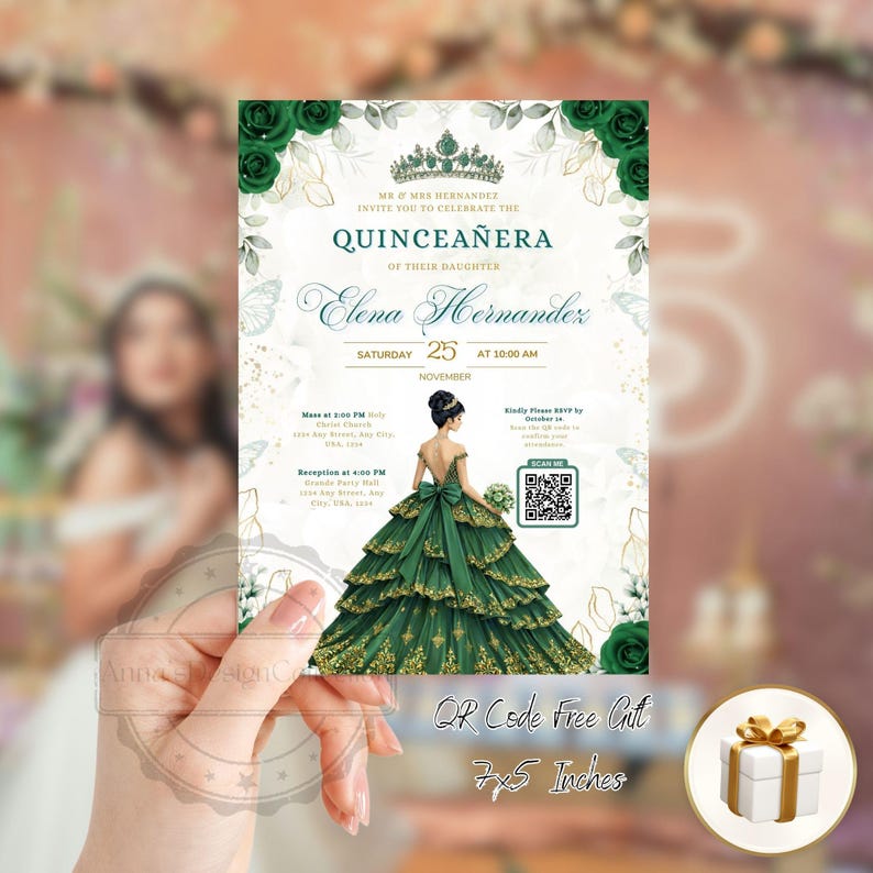 Emerald Green Quinceanera Invitation Video Editable Template Digital Quinceanera Invite for Sweet 15 & 16 Digital InviteTrackable RSVP