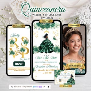 Emerald Green Quinceanera Website Invitation with music, QR Code Invitation Card, trackable RSVP, Countdown and Navigator Editable Template