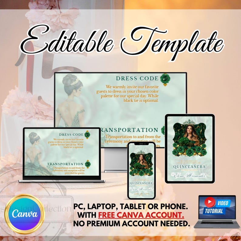 Emerald Green Quinceanera Invitation Video Editable Template Digital Quinceanera Invite for Sweet 15 & 16 Digital InviteTrackable RSVP