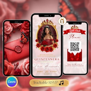 May include: Three smartphones displaying a quinceañera invitation. The central phone shows a woman in a red dress within a gold frame, surrounded by roses. The invitation text includes "Elena Hernandez" and a date. The other phones show a red envelope with a butterfly and a QR code.