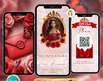 Rotgold Quinceaňera Sweet 16 Einladung Trackbarer QR-Code RSVP - Bearbeitbare digitale Einladung für Sweet 15 16 Geburtstag - Canva-Vorlage