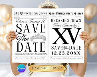 Quinceanera Save The Date Newspaper | Canva Template | Quinceañera invitation | Quince Photoshoot Newspaper | Sweet 15 Newspaper Invite RSVP