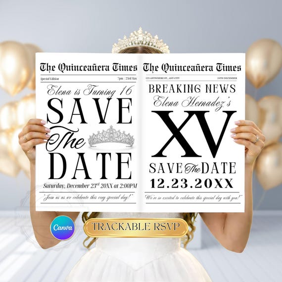 Quinceanera Save The Date Newspaper | Canva Template | Quinceañera invitation | Quince Photoshoot Newspaper | Sweet 15 Newspaper Invite RSVP