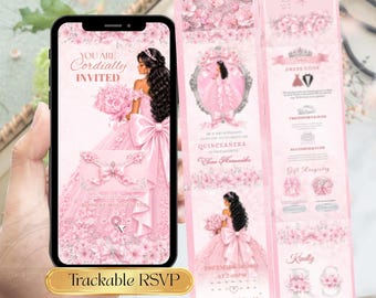 Sitio web de invitación a Quinceañera de flores de cerezo rosa, invitación digital Sweet 15 Mis Quince Años, plantilla de Canva editable, confirmación de asistencia rastreable