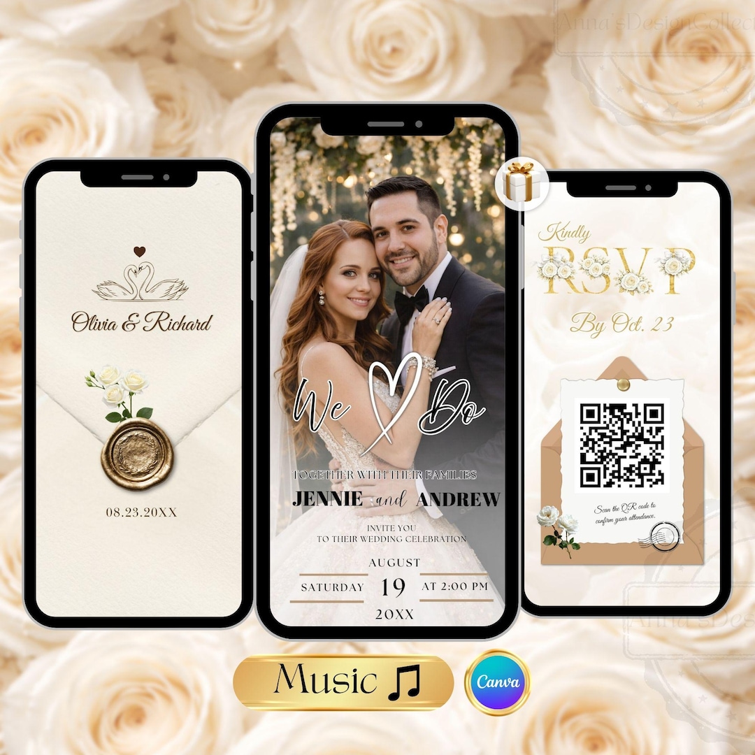 Animated Einvite Creamy White Wedding Invitation Video, Editable Canva Digital Invite ...