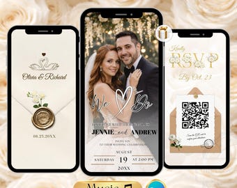 Creamy White Wedding Invitation Video, Editable Canva Digital Invite, Animated Mobile Wedding eInvite with Trackable RSVP & QR Code