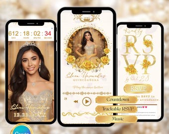 Quinceañera Website Invitation Yellow Gold Digital RSVP Online Mis Quince 15 Anos Canva Editable Template Sweet 16 or 18 music and location