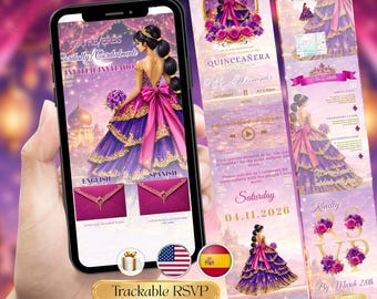 Convite Digital Arabian Nights Quinceañera RSVP, Música, Contagem Regressiva | Site editável do Canva | Doce 16 Mis Quince Años | Inglês e Espanhol