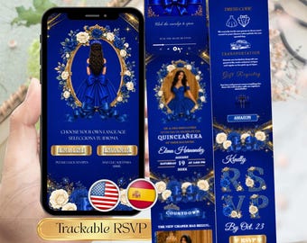 Elegant Royal Blue Coquette Quinceañera Invite, Blue Bow Trackable RSVP Website, Editable Template Bilingual Spanish & English Invitation