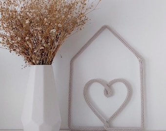 Casa con decoración de pared de corazón / Casa de alambre de punto para el dormitorio de los niños / Arte de pared de guardería boho