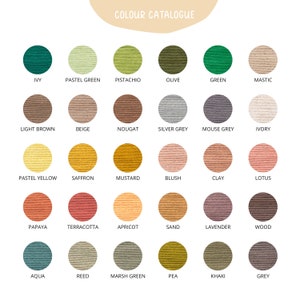 May include: A color catalogue featuring a variety of yarn colors. The image displays 30 circular color swatches, each labeled with a unique name. Colors range from greens and yellows to browns and pinks, with the text "COLOUR CATALOGUE" at the top.