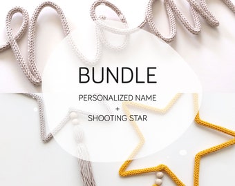 Nursery Decor Bundle, Personalised Baby Name and Shooting Star Wall Decor, Knitted Baby Name, Kids Bedroom Wall Sign