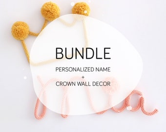 Personalized Name Crown Nursery Sign, Baby Name Nursery Wall Decor, Baby Name and Crown Wall Hanging, Set of Two Knitted Wall Decorations