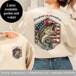 May include: Cream-colored sweatshirt with a graphic of a fish wearing a hat, set against a red, white, and blue American flag design. The text "Hooked on freedom" is above the fish. The shirt is available in two sizes, pocket and t-shirt.