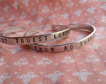 Black Sails Inspired "My Truest Love" "Know No Shame" Handstamped Aluminum Cuff Bracelet Set