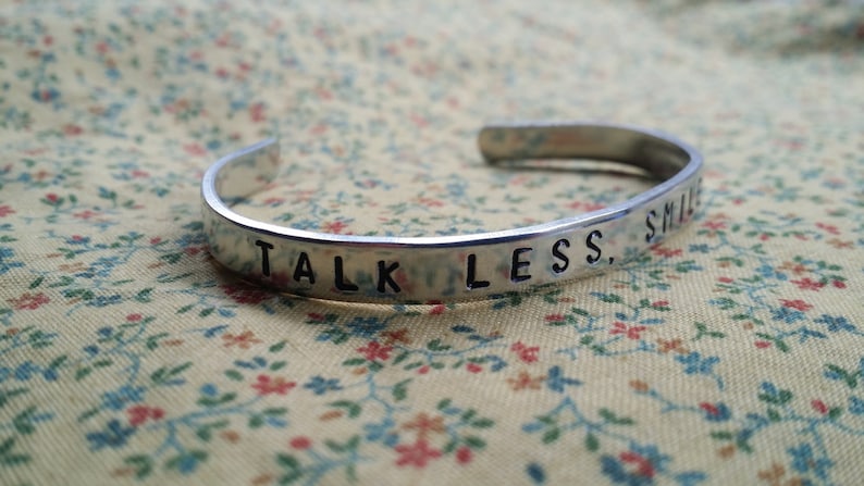 Talk Less, Smile More. Aaron Burr Hamilton Musical Inspired Handstamped Aluminum Cuff Bracelet image 1