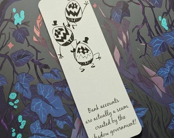 Egg Boiz Hazbin Hotel Faux Leather Bookmark | “Bank Accounts Are a Scam...” Quote | Laser Engraved Fandom Gift for Cartoon Cultists