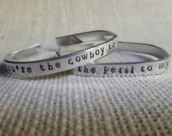 Matching "you're the cowboy to my peril" "you're the peril to my cowboy" "The Man From U.N.C.L.E." Inspired Handstamped Aluminum Cuff Set