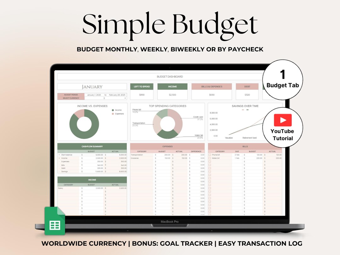 Monthly Budget Planner Spreadsheet, Google Sheets Budget, Simple Budget ...