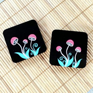 Handpainted Mushroom Coasters: Black Wooden Coasters Set of 2, Whimsical Decor