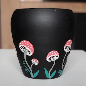 Handpainted Mushroom Plant Pot: Whimsical Black Mini Terracotta Planter