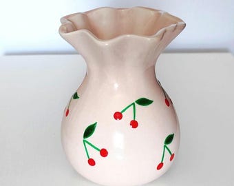 Handpainted Cherry Mini Vase: Pink Cottagecore Ceramic Bud Vase