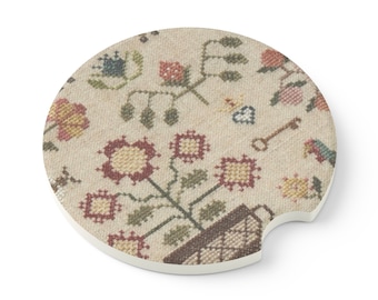 Dessous de verre voiture en pierre ollaire pour broder au point de croix : Fleurs et baies