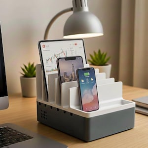 Puede incluir: Una estación de carga con múltiples ranuras, base gris oscuro y divisores blancos, que sostiene una tableta y dos teléfonos inteligentes. La tableta muestra gráficos financieros, mientras que el teléfono frontal muestra un icono de carga de batería.
