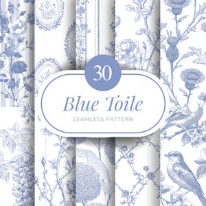 May include: A collection of 30 blue toile seamless patterns. The patterns feature floral designs, birds, and decorative elements in shades of blue on a white background. The text "Blue Toile" is displayed in a light blue oval.