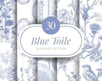 May include: A set of 30 blue toile seamless patterns. The designs include floral motifs, birds, and decorative elements in blue on a white backdrop. The text "Blue Toile" is presented within a light blue oval.