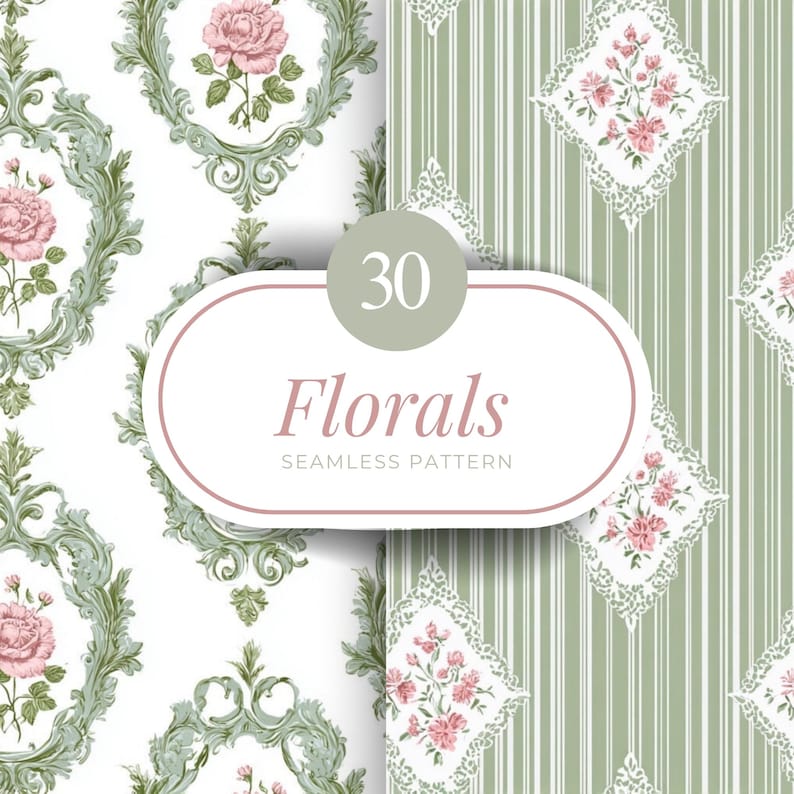 30 Vintage Floral Seamless Patterns, Shabby Chic Digital Paper for ...
