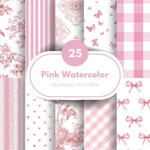 Puede incluir: Una colección de 25 patrones sin costuras de acuarela rosa. Los patrones incluyen rayas, diseños florales, mariposas, cuadros, lazos y corazones. El texto de la imagen dice "Pink Watercolor Seamless Pattern".
