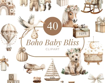40 Boho Baby Clipart Bundle: Neutral Watercolor Nursery Decor (PNG Digital Download