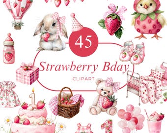 Watercolor Strawberry Birthday Clipart: Pink Gingham, Bunnies (Digital Download)