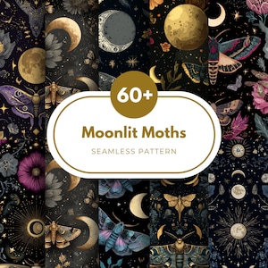 以下が含まれることがあります： 暗い色調のシームレスパターン集。蛾、月、花柄が特徴です。「Moonlit Moths」と「Seamless Pattern」の文字と「60+」のグラフィックが含まれています。デザインは、天体と植物をテーマにしています。