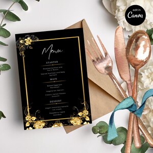 Menú de boda minimalista y elegante con flores doradas / Diseño moderno y lujoso / Descarga digital editable en Canva / Impresión instantánea