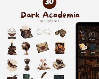 May include: A digital desktop set with a dark academia theme. The image features illustrations of a typewriter, globe, hourglass, and other vintage items. The text "Dark Academia Desktop Set" is displayed above the illustrations.