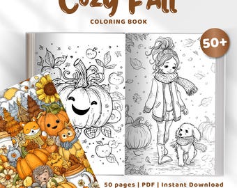 Cozy Fall Coloring Book PDF, 50+ Autumn Pages, Cute Printable Autumn Coloring Sheets. Kids & Adults, Instant Download
