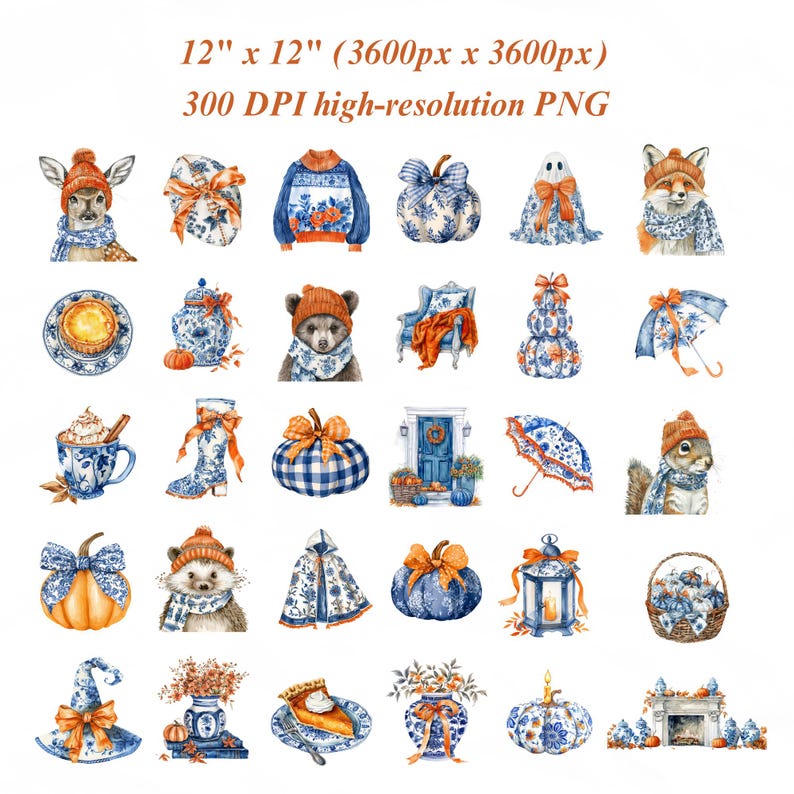 30 Fall Toile Clipart, Blue Chinoiserie Pumpkin, Lantern, Fireplace ...