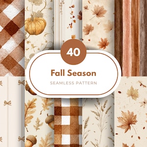 Peut inclure: Une collection de 40 motifs sans couture sur le thème de l'automne. Les motifs présentent des citrouilles, des feuilles, des glands et des carreaux dans des tons de marron, beige et orange. Le texte "Fall Season Seamless Pattern" est affiché dans un ovale blanc.