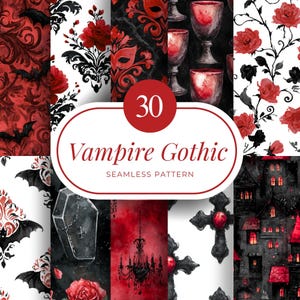30 Vampire Gothic Seamless Patterns, Red Black Horror Digital Paper, Dark Rose Bats Coffins, Halloween Gothic Scrapbook Backgrounds