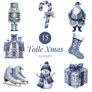 Pode incluir: Ilustrações em aquarela com temas natalinos em azul e branco, incluindo um quebra-nozes, um bastão de doces, o Papai Noel, uma casa, uma meia, patins, um boneco de neve e uma caixa de presente. O texto "15 Toile Xmas CLIPART" também está incluído.