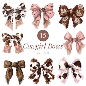 May include: A watercolour illustration of nine cowgirl bows in different styles. The bows feature patterns like cowhide, floral, and solid colours, with fringe detailing. The image includes the text "15 Cowgirl Bows Clipart".