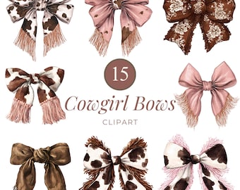 15 Boho Western Bows PNG, Cowgirl Bow Clipart Set, Brown Cow Print & Fringe Ribbon Clip Art for Country Graphics, Apparel, Invitations
