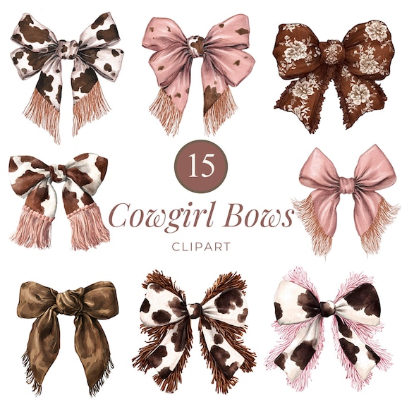 15 Boho Western Bows PNG, Cowgirl Bow Clipart Set, Brown Cow Print & Fringe Ribbon Clip Art for Country Graphics, Apparel, Invitations